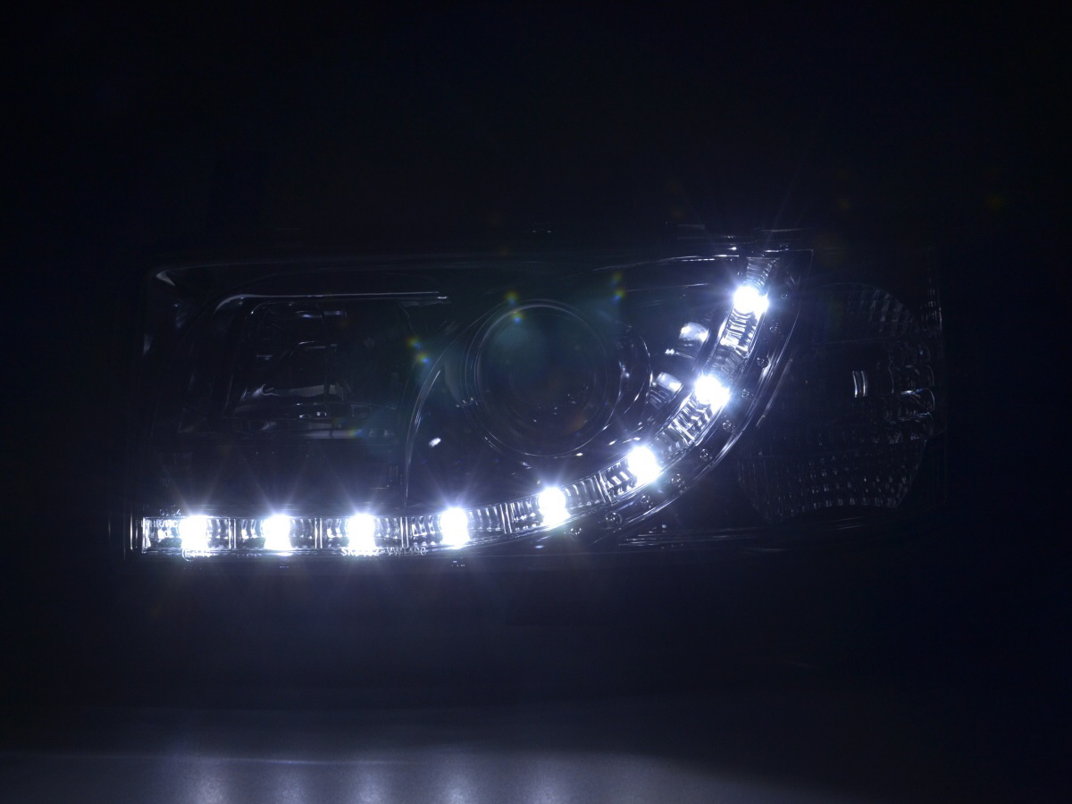 Scheinwerfer Set Daylight LED TFL-Optik VW Bus Typ T4  90-96 chrom für Rechtslenker – Bild 2