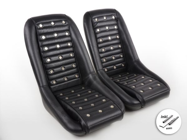 FK Oldtimersitze Auto Vollschalensitze Set Classic 1 Kunstleder schwarz mit Kopfstütze inkl. Laufschienen