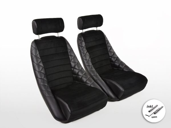 FK Oldtimersitze Auto Vollschalensitze Set Classic 3 Kunstleder schwarz mit Kopfstütze inkl. Laufschienen